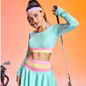 Đồ Tập Pickleball Nữ UYNSPORTY Áo Croptop Dài Tay Phối Sọc Cổ Yếm Chân Váy Ngắn, Bộ Đồ Pickleball Nữ