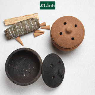Lư Xông Nụ 3 Lành Thủ Công Bằng Đất Sét Lư Chăm - Dùng Đốt Nụ Trầm, Nụ Thảo Mộc, Bó Xông, Gỗ Thánh