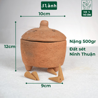 Lư Xông Nụ 3 Lành Thủ Công Bằng Đất Sét Lư Chăm - Dùng Đốt Nụ Trầm, Nụ Thảo Mộc, Bó Xông, Gỗ Thánh