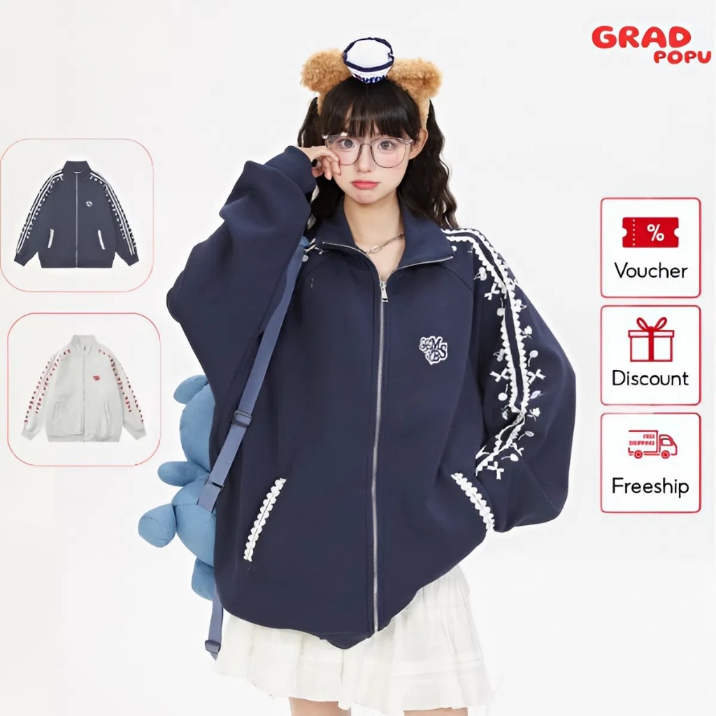 Áo len nhung nam nữ GRADPOPU cổ đứng thêu phong cách unisex dáng rộng thời trang thu đông PAK42