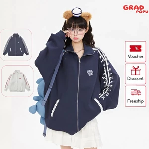 Áo len nhung nam nữ GRADPOPU cổ đứng thêu phong cách unisex dáng rộng thời trang thu đông PAK42