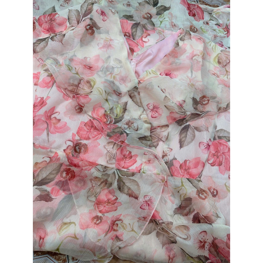 Váy hoa dáng dài vintage thiết kế ngắn tay cổ V hai lớp đi biển đi chơi đi làm V389