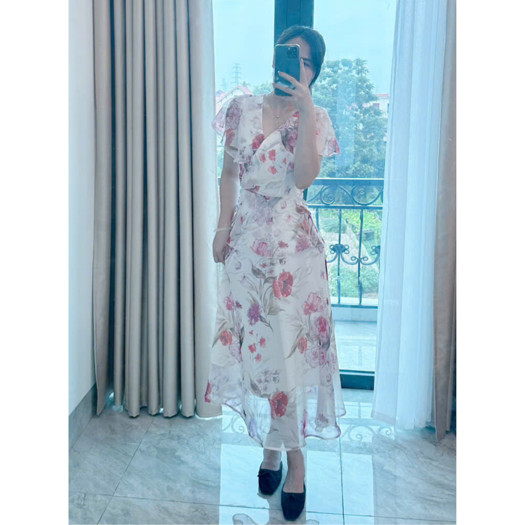 Váy hoa dáng dài vintage thiết kế ngắn tay cổ V hai lớp đi biển đi chơi đi làm V389