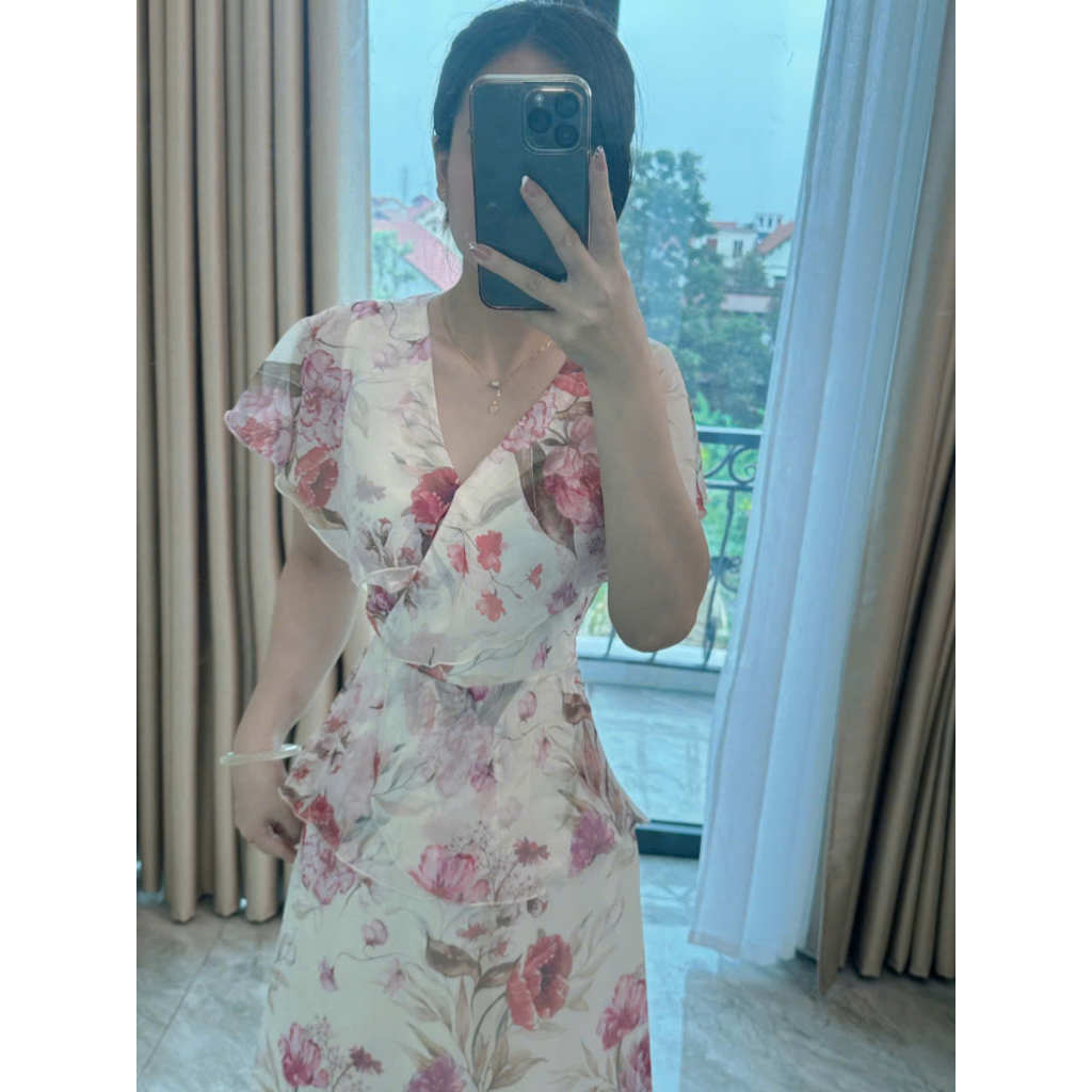Váy hoa dáng dài vintage thiết kế ngắn tay cổ V hai lớp đi biển đi chơi đi làm V389