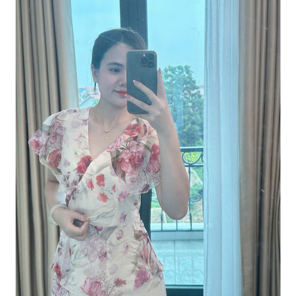 Váy hoa dáng dài vintage thiết kế ngắn tay cổ V hai lớp đi biển đi chơi đi làm V389
