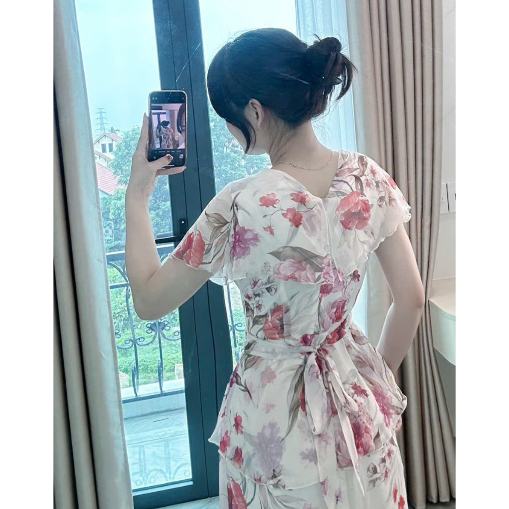 Váy hoa dáng dài vintage thiết kế ngắn tay cổ V hai lớp đi biển đi chơi đi làm V389