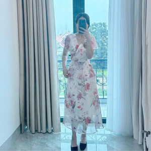 Váy hoa dáng dài vintage thiết kế ngắn tay cổ V hai lớp đi biển đi chơi đi làm V389