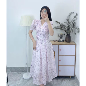 Váy hoa thiết kế hai lớp dáng dài vintage cổ V tay ngắn vai phồng chất tơ hàn cao cấp V423
