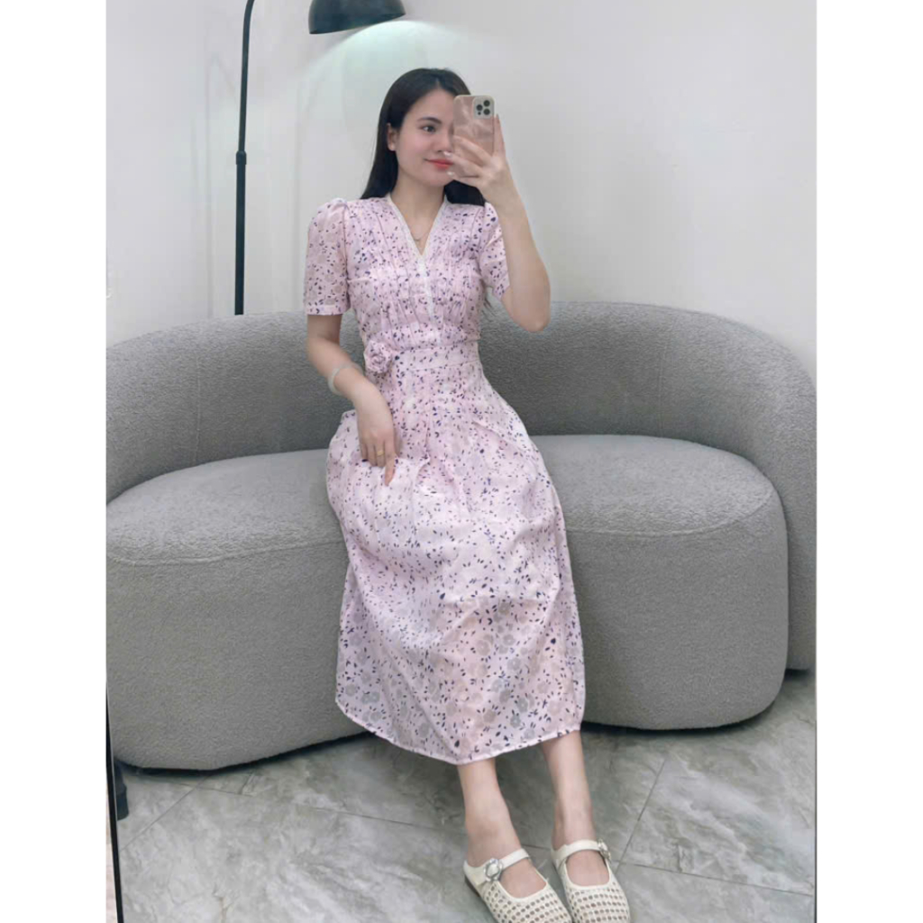 Váy hoa thiết kế hai lớp dáng dài vintage cổ V tay ngắn vai phồng chất tơ hàn cao cấp V423