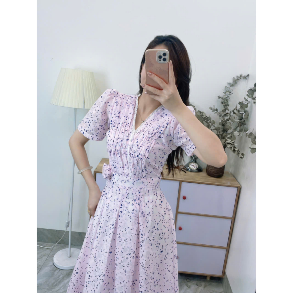 Váy hoa thiết kế hai lớp dáng dài vintage cổ V tay ngắn vai phồng chất tơ hàn cao cấp V423