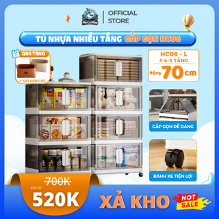 Tủ Nhựa Đựng Đồ Trong Suốt Gấp Gọn, Sức Chứa Lớn, Tủ Đựng Đồ Nhà Bếp, Khóa Nam Châm, Bánh Xe 360, Nhựa PP Cao Cấp - HC06