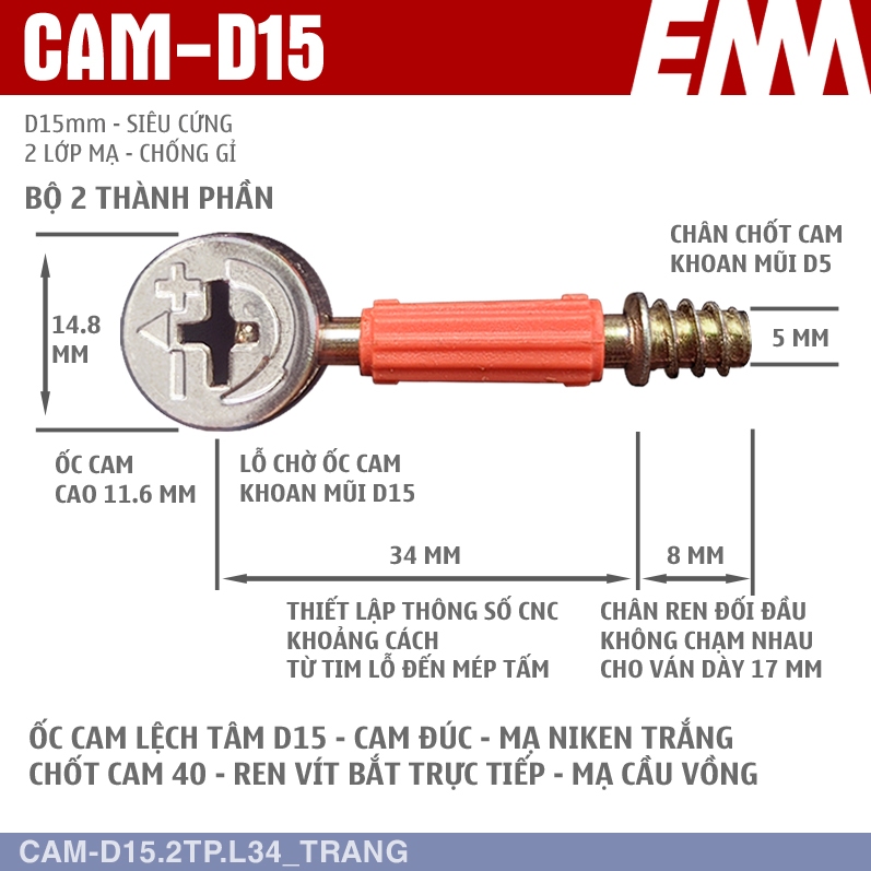SỈ - Ốc cam D12 - Ốc cam D15 - Liên kết thông dụng ngành mộc D12 - EMA