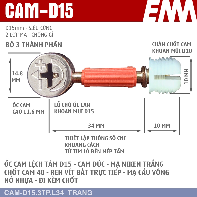 SỈ - Ốc cam D12 - Ốc cam D15 - Liên kết thông dụng ngành mộc D12 - EMA