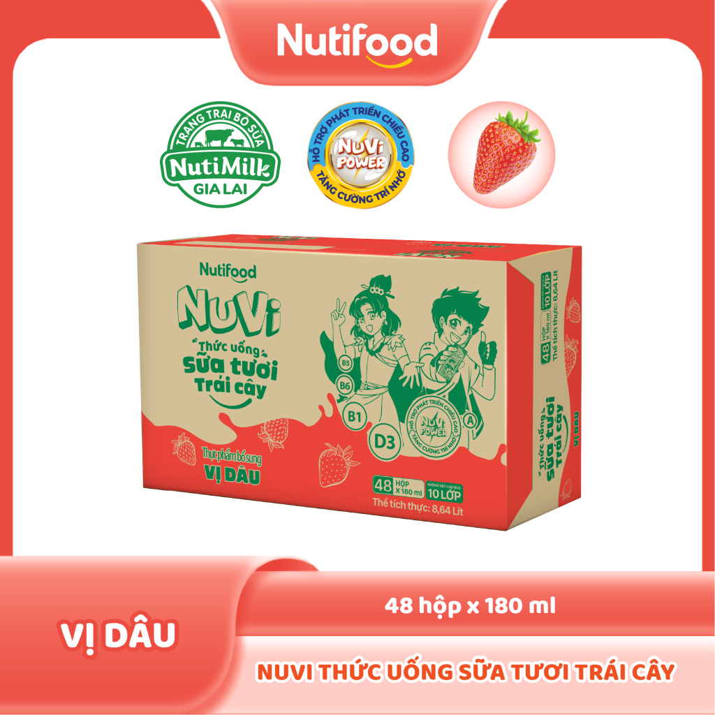 Thùng 48 Thức Uống Sữa Tươi Trái Cây NuVi Vị Dâu 180ml/hộp