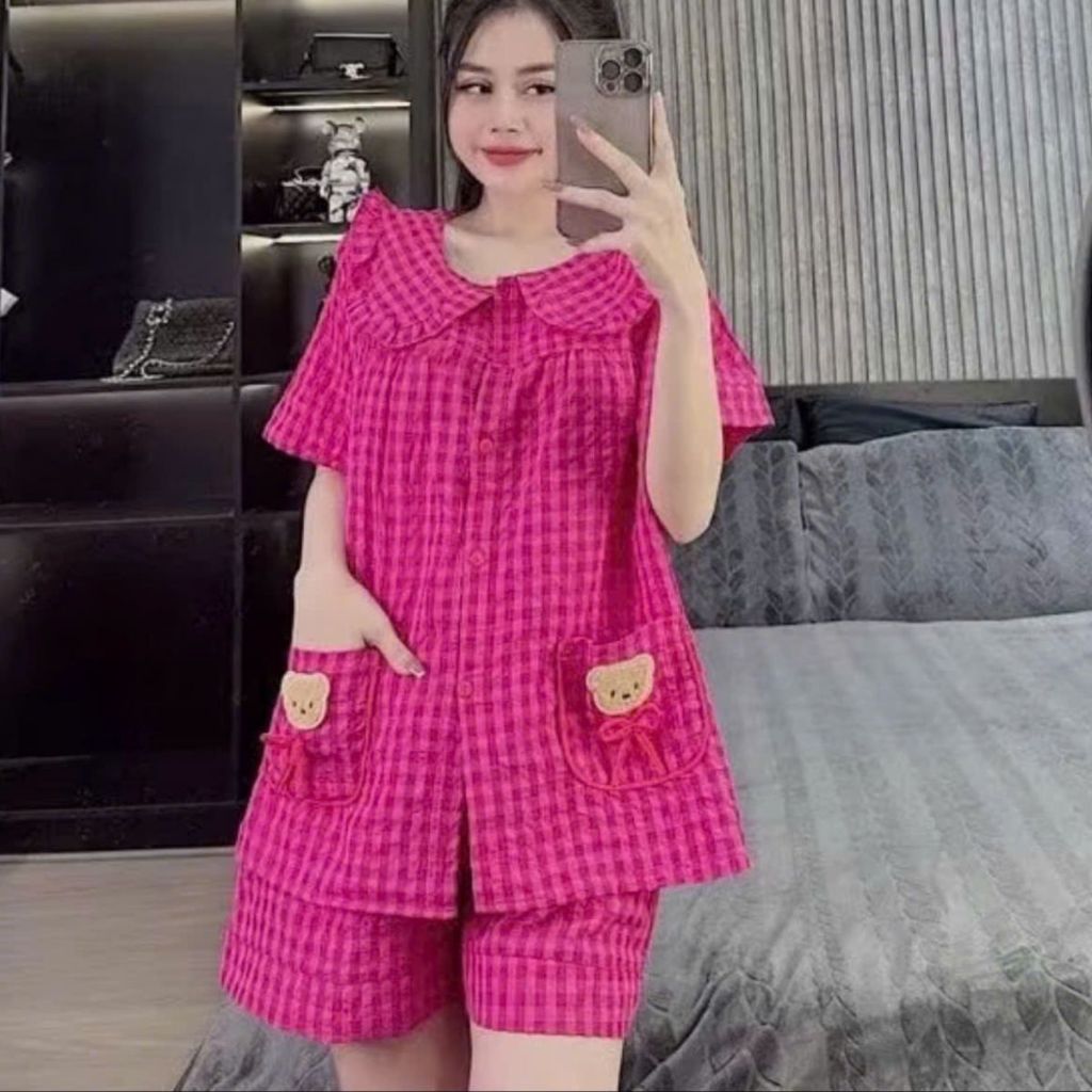 Đồ Bộ Nữ Tiểu Thư Bigsize Đồ Bộ Mặc Nhà Quần Đùi Đũi Caro Nhung Mặc Ngủ Mặc Nhà Thoải Mái Set Bộ Đẹp MS477