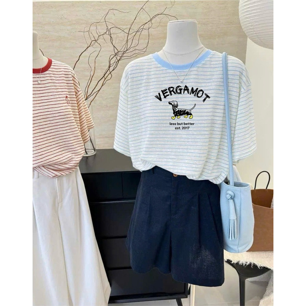 Áo thun nữ ngắn tay kẻ sọc in hình xinh xắn JULY FASHION, Áo thu nữ tay ngắn cổ tròn chất thun Cotton dày dặn mềm mát