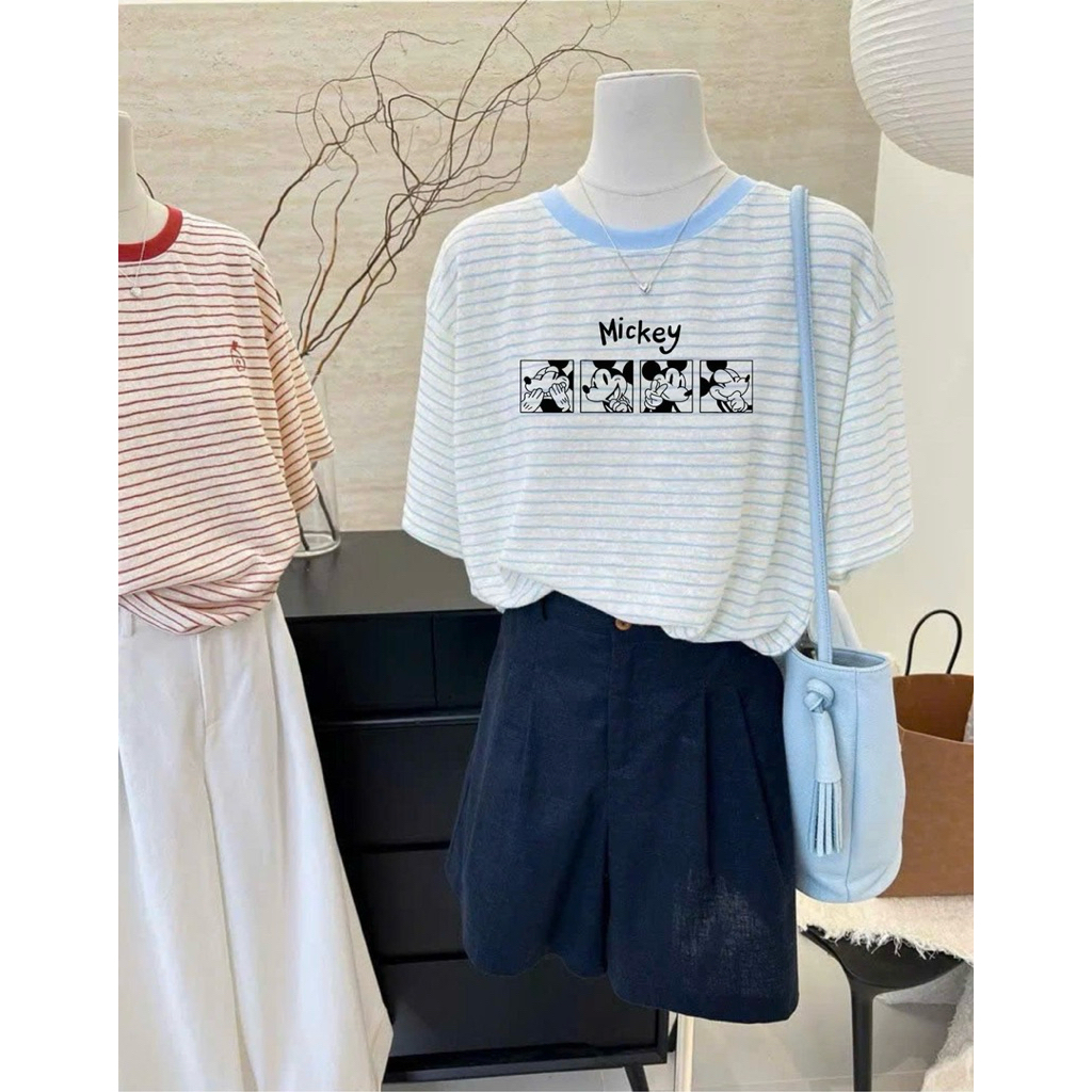 Áo thun nữ ngắn tay kẻ sọc in hình xinh xắn JULY FASHION, Áo thu nữ tay ngắn cổ tròn chất thun Cotton dày dặn mềm mát