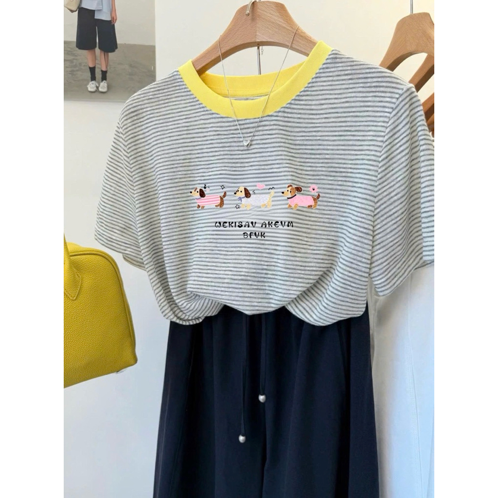 Áo thun nữ ngắn tay kẻ sọc in hình xinh xắn JULY FASHION, Áo thu nữ tay ngắn cổ tròn chất thun Cotton dày dặn mềm mát
