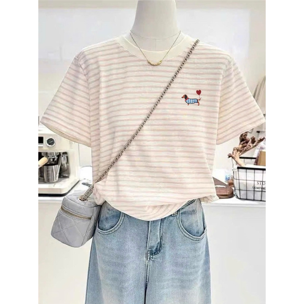 Áo thun nữ ngắn tay kẻ sọc in hình xinh xắn JULY FASHION, Áo thu nữ tay ngắn cổ tròn chất thun Cotton dày dặn mềm mát