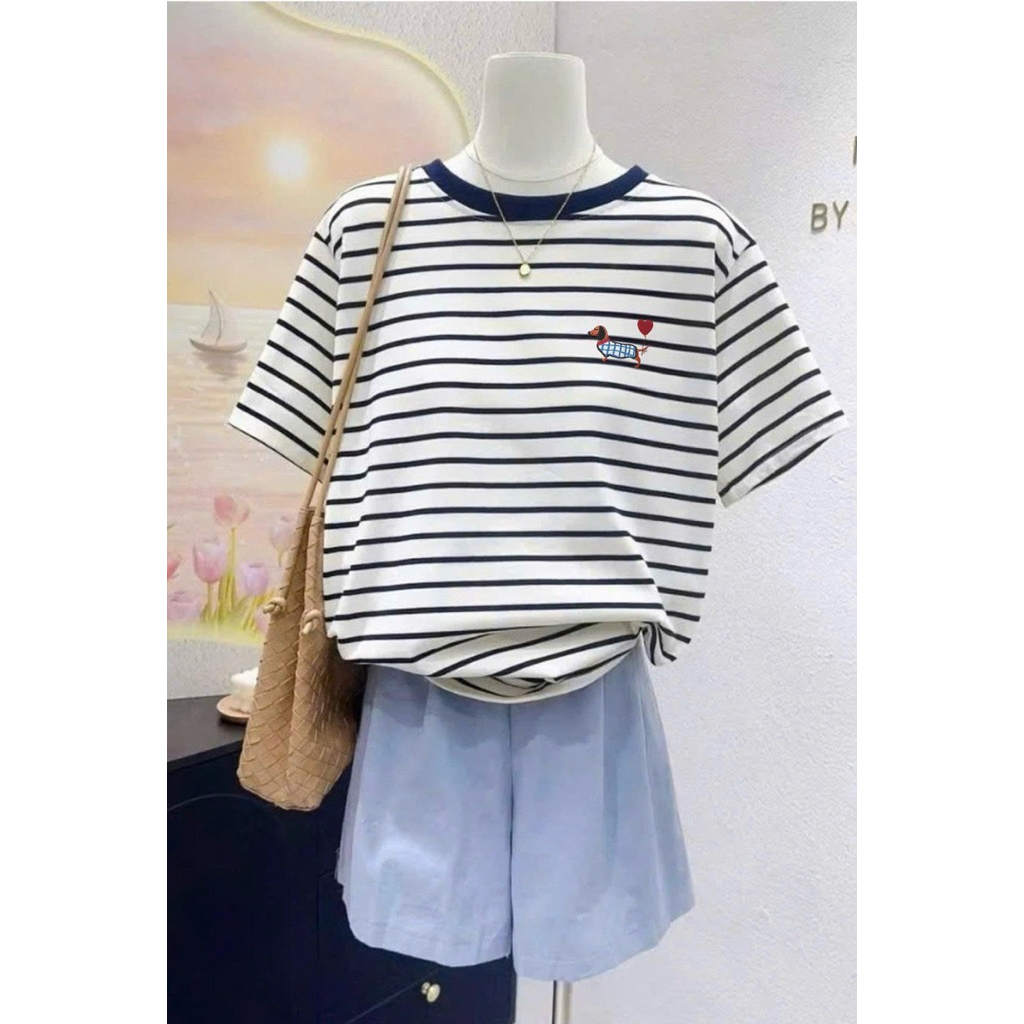 Áo thun nữ ngắn tay kẻ sọc in hình xinh xắn JULY FASHION, Áo thu nữ tay ngắn cổ tròn chất thun Cotton dày dặn mềm mát