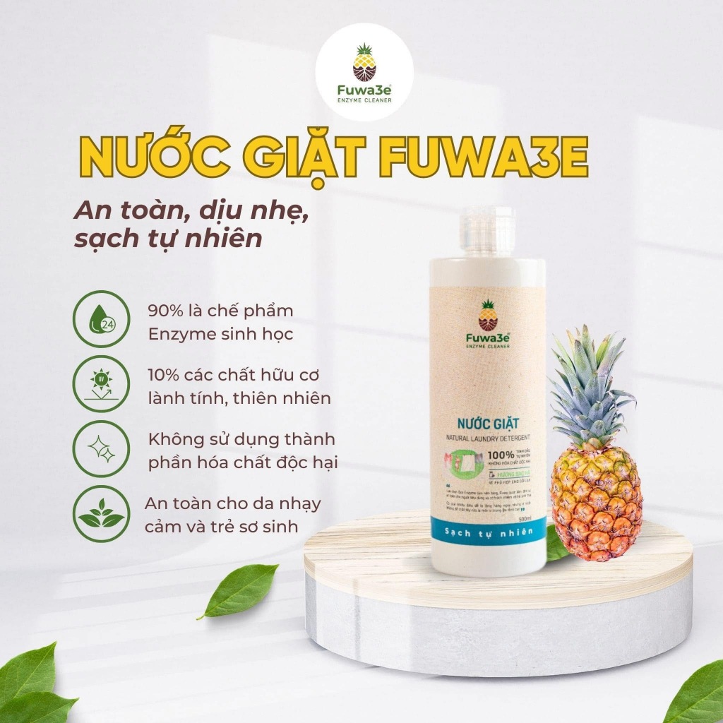Nước giặt hữu cơ Fuwa3e organic hương bạc hà 100% thành phần sinh học an toàn cho em bé dung tích 500ml