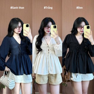 Áo Babydoll Nữ Cổ V Tay Bồng Bo Chun  Eo Nhún Điệu Đà 247store Áo Đi Làm Back To School Aobabydoll02