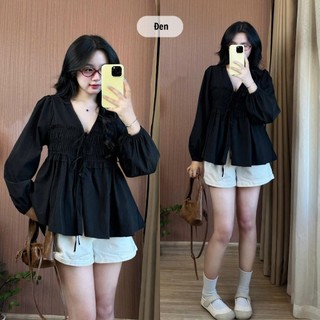 Áo Babydoll Nữ Cổ V Tay Bồng Bo Chun  Eo Nhún Điệu Đà 247store Áo Đi Làm Back To School Aobabydoll02