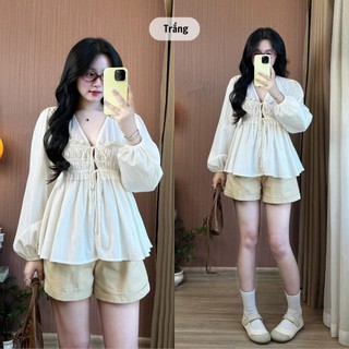 Áo Babydoll Nữ Cổ V Tay Bồng Bo Chun  Eo Nhún Điệu Đà 247store Áo Đi Làm Back To School Aobabydoll02