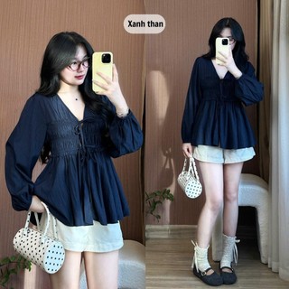 Áo Babydoll Nữ Cổ V Tay Bồng Bo Chun  Eo Nhún Điệu Đà 247store Áo Đi Làm Back To School Aobabydoll02