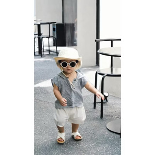 Set Đồ Bé Trai Sơ Mi Caro Xanh Kèm Quần Short Trắng