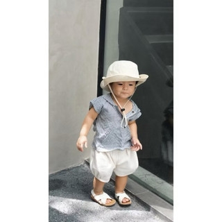 Set Đồ Bé Trai Sơ Mi Caro Xanh Kèm Quần Short Trắng