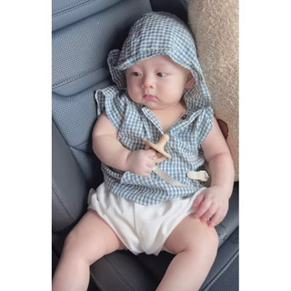 Set Đồ Bé Trai Sơ Mi Caro Xanh Kèm Quần Short Trắng