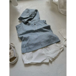 Set Đồ Bé Trai Sơ Mi Caro Xanh Kèm Quần Short Trắng