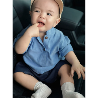 Set Đồ Bé Trai Sơ Mi Xanh Linen Kèm Quần Short