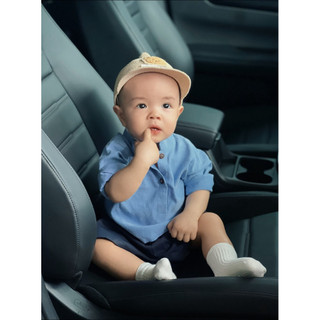 Set Đồ Bé Trai Sơ Mi Xanh Linen Kèm Quần Short