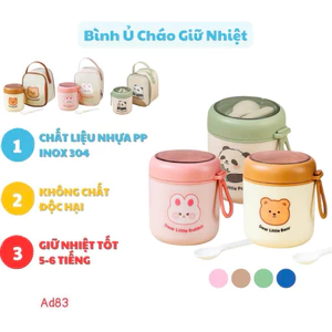 Bình ủ cháo inox 304 TEDEMEI tặng kèm túi giữ nhiệt cho bé trai bé gái hình gấu