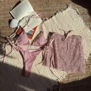 Bikini 2 mảnh cao cấp màu hồng pastel tôn dáng mùa hè đi biển chân váy caro thiết kế