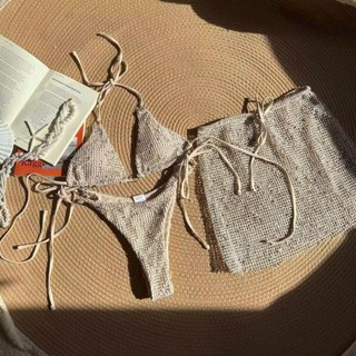 Bikini 2 mảnh cao cấp màu hồng pastel tôn dáng mùa hè đi biển chân váy caro thiết kế