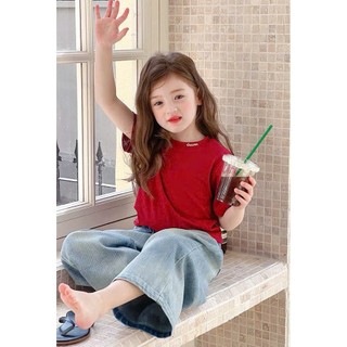 [B&G] Sét bộ Áo thun đỏ basic phối quần jean ống rộng siêu trendy cho bé gái từ 10-45kg(2-12 tuổi)