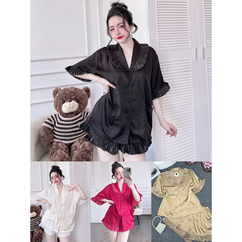 45-65kg set pijama đùi cổ sam phối voan óng tiểu thư lụa mịn nút bọc mát
