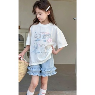 [B&G] Sét bộ bé gái áo thun cotton trắng kèm quần đùi jean mềm phối bèo từ 10-45kg92-12 tuổi)