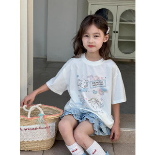 [B&G] Sét bộ bé gái áo thun cotton trắng kèm quần đùi jean mềm phối bèo từ 10-45kg92-12 tuổi)
