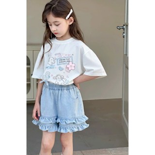 [B&G] Sét bộ bé gái áo thun cotton trắng kèm quần đùi jean mềm phối bèo từ 10-45kg92-12 tuổi)