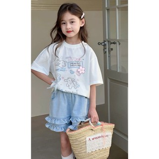 [B&G] Sét bộ bé gái áo thun cotton trắng kèm quần đùi jean mềm phối bèo từ 10-45kg92-12 tuổi)