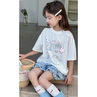 [B&G] Sét bộ bé gái áo thun cotton trắng kèm quần đùi jean mềm phối bèo từ 10-45kg92-12 tuổi)