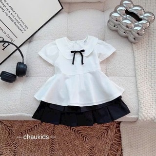 [B&G] Sét váy Áo cổ sen buộc nơ phối cùng chân váy bèo đen siêu điệu đà cho bé gái từ 10-45kg