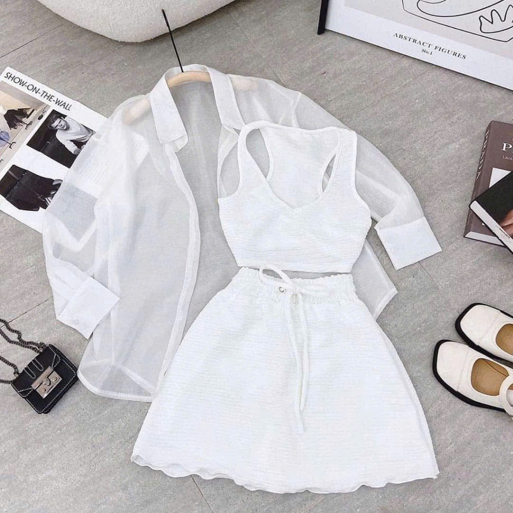 Sét đồ bé gái 3 món áo croptop chân váy khoác ngoài cho mẹ và bé , đồ đôi mẹ bé