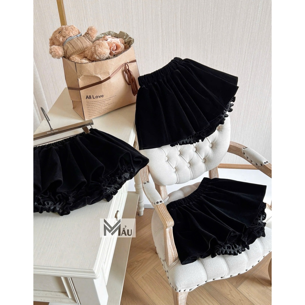 Chân váy nhung xếp li bồng mix đồ cực xinh