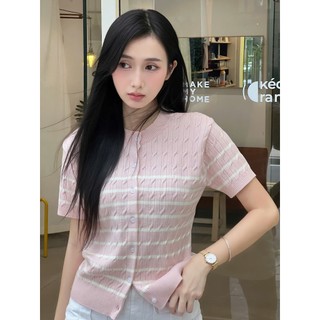 DELIZ - Áo len ngắn tay vặn thừng len lông thỏ cao cấp cho nữ kẻ sọc nhiều màu basic PL46 300G