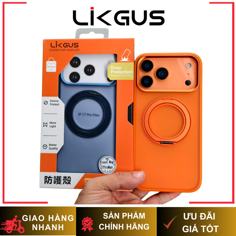 [ iP 17] Ốp Lưng Likgus Ring Nhám Chống Bám Bẩn Kiêm Gía Đỡ Hỗ Trợ Sạc Từ Tính Chính Hãng cho iP 17 Series